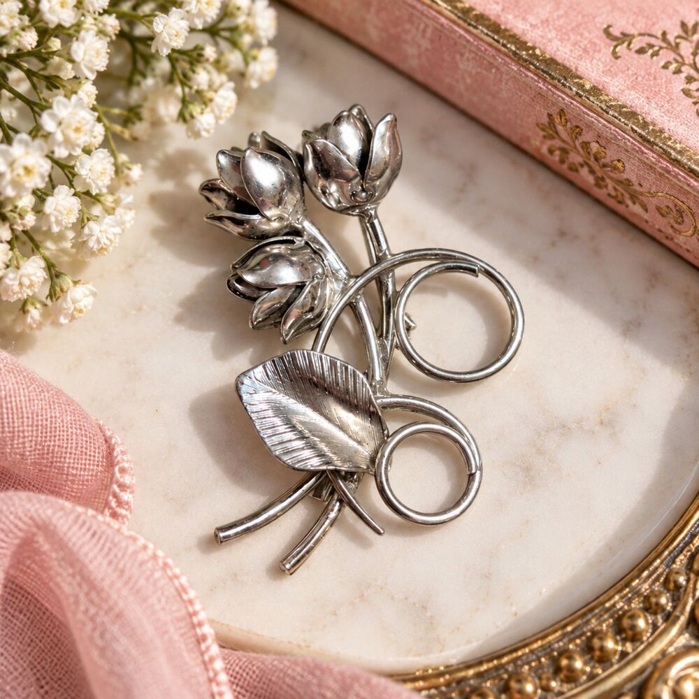 Vintage Silver Tone Tulip Flower Brooch, Floral Bouquet Leaf Swirl Statement Pin